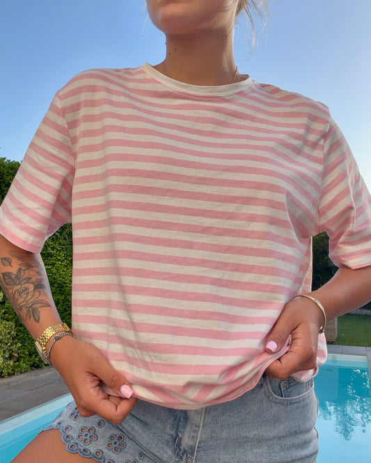 T-shirt oversize rayé blanc et rose