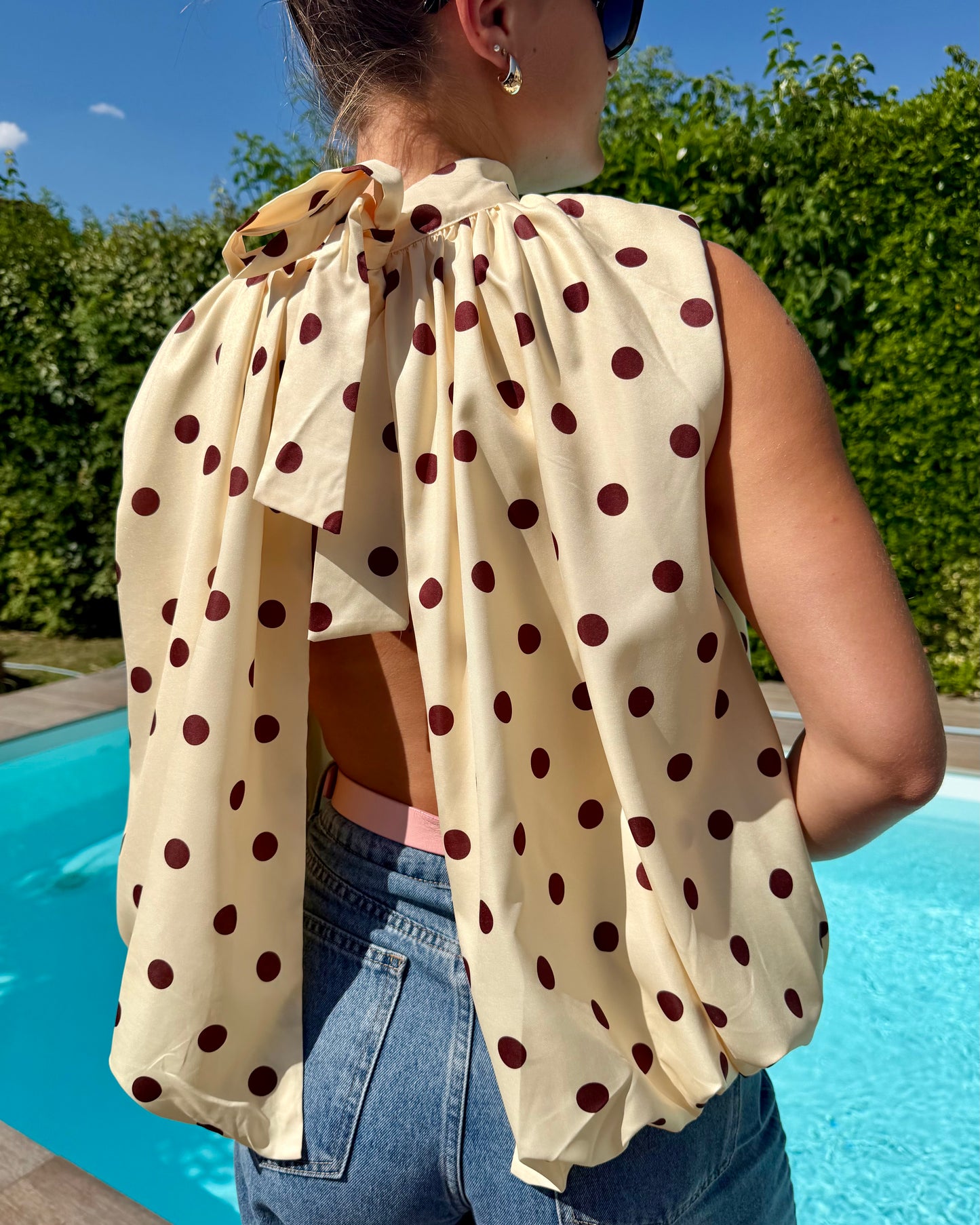 Blouse jaune à pois marron