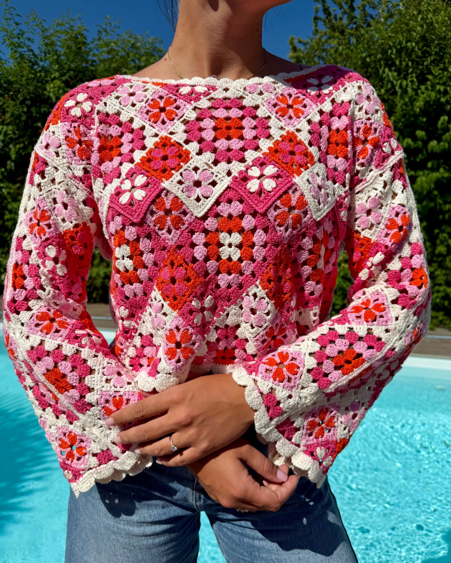 Top en crochet rose et rouge